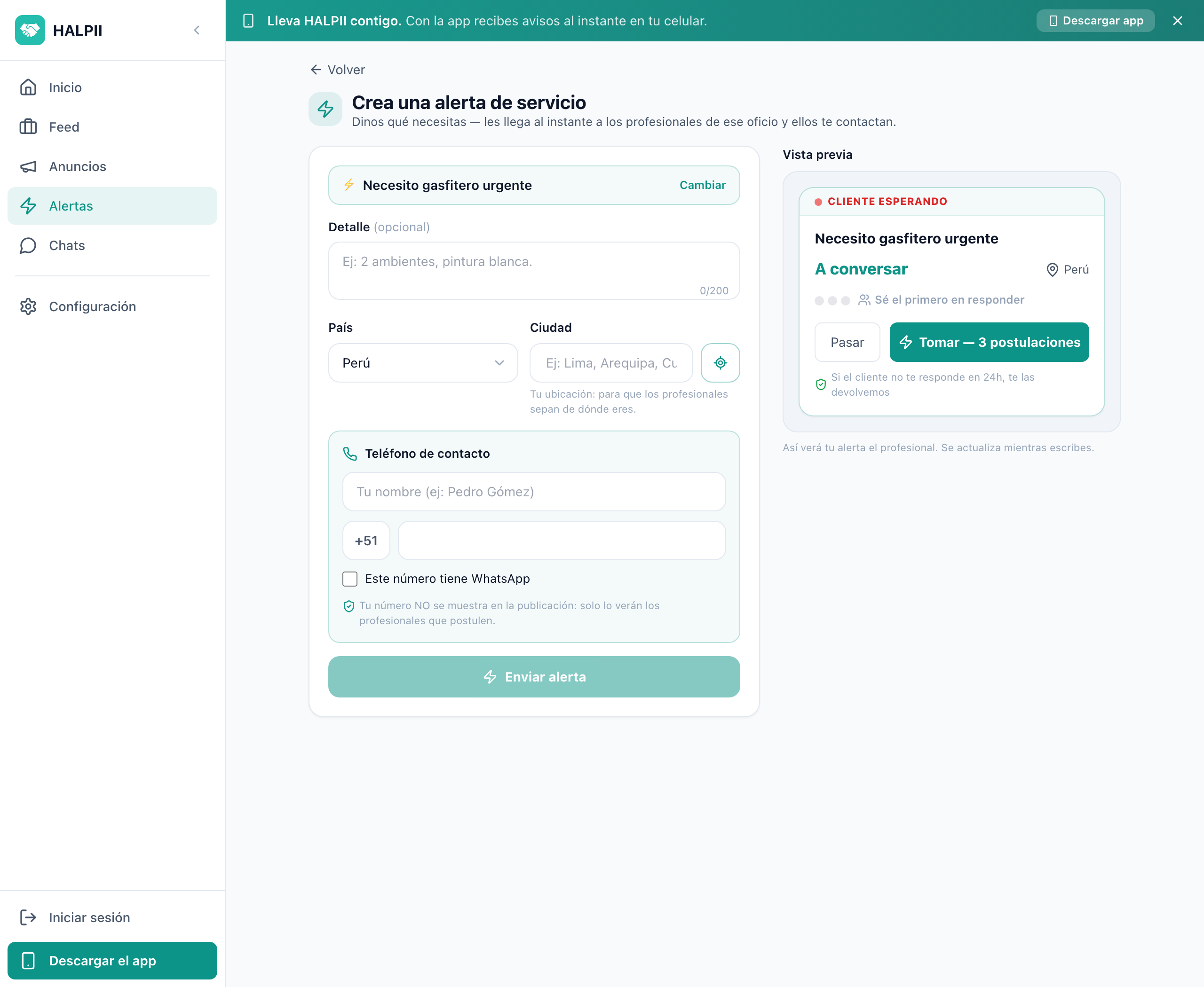 Formulario para crear una alerta de servicio en HALPII con vista previa de cómo la ve el profesional
